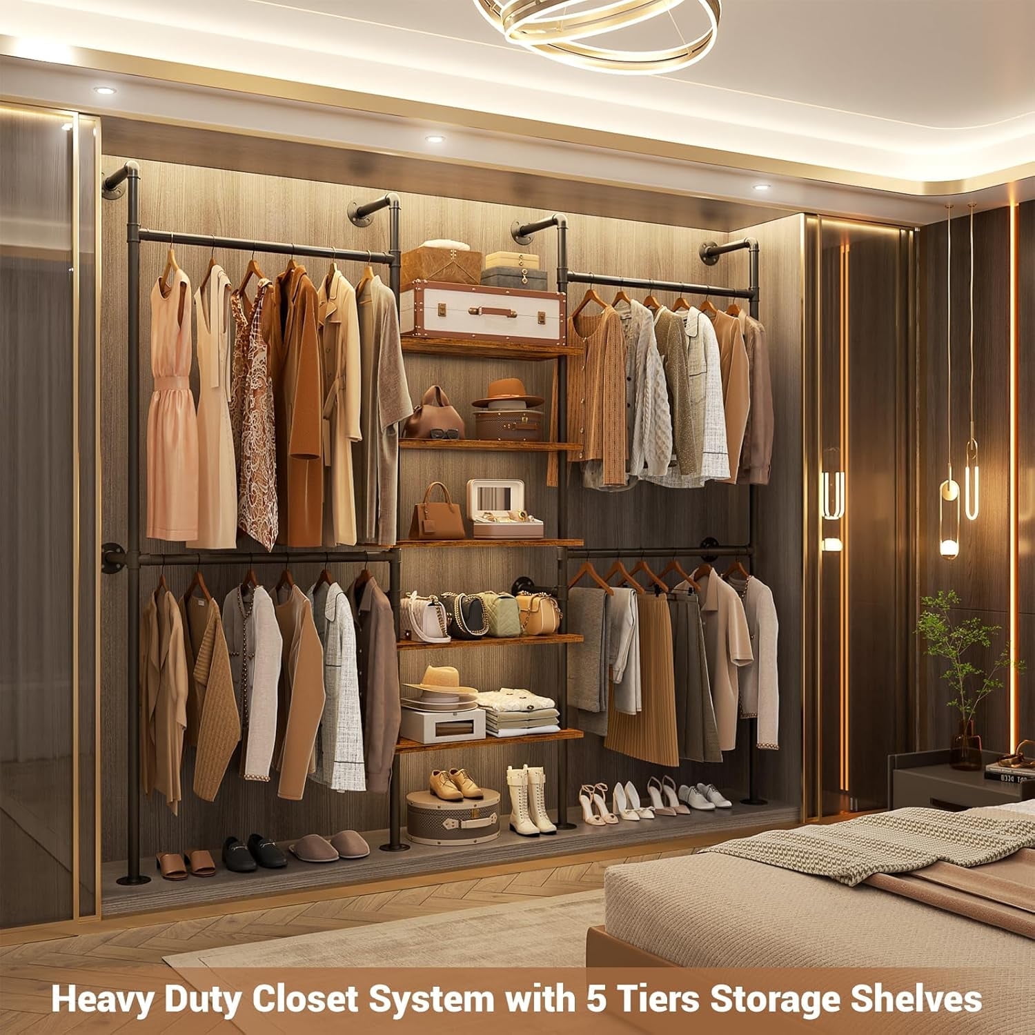 Homieasy Industrial Pipe Clothing Rack, Reversible 6.42FT Clothes Rack for Hanging Clothes, Heavy Duty 5-Tier Closet Wardrobe Garment Racks with Shelves, Corner Closet Organizer System, Rustic Brown