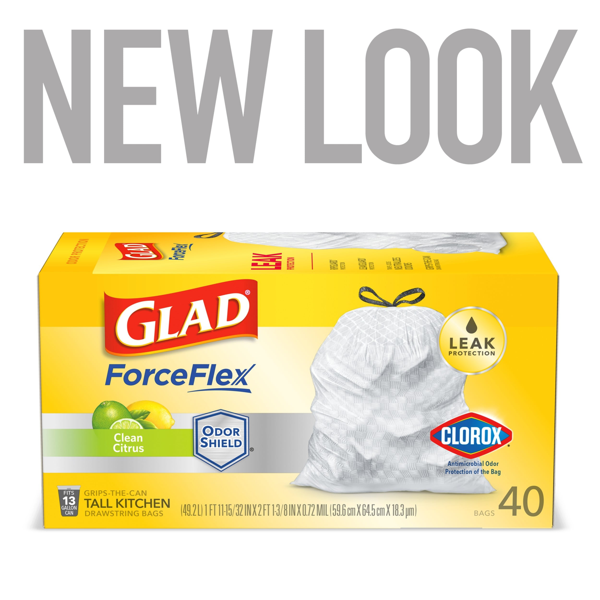 Clorox Glad ForceFlex Tall Kitchen Drawstring Trash Bags, Fresh Clean, 13  gal, 24 x 27.38 Length x 1.05 mil (27 Micron) Thickness, White, 40/Box,  Kitchen, CLO78361