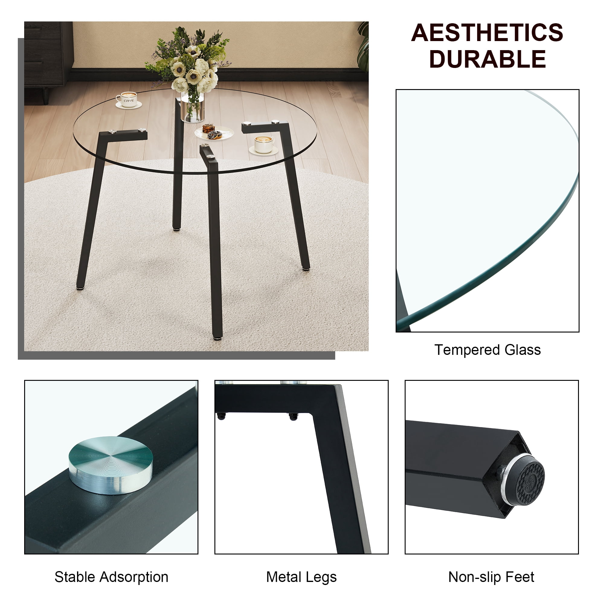 Glass Dining Table 42 Inch Round, Tempered Glass Tabletop with Black Metal Legs, Modern Round Coffee Table for Kitchen, Dining Room and Living Room, Clear Tempered Glass Table, Easy Assembly