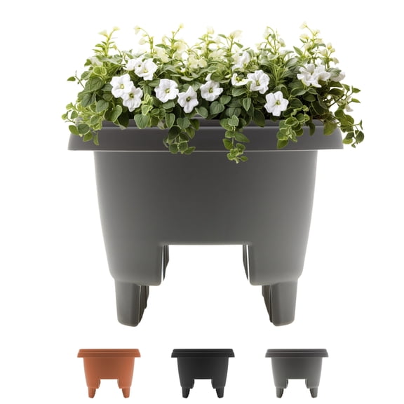 Bloem 12" Plastic Deck Rail Round Planter, 9" H, 12" L, 12" W, Fits Rail Sizes between 3.25" - 3.75" Wide, Charcoal