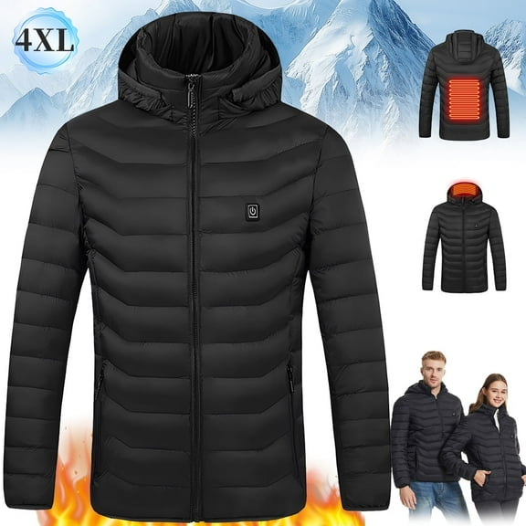 4XL-Hot USB men's and women's hooded cotton jacket, heated black jacket, 3-level heated jacket, detachable hood windproof jacket 4XL