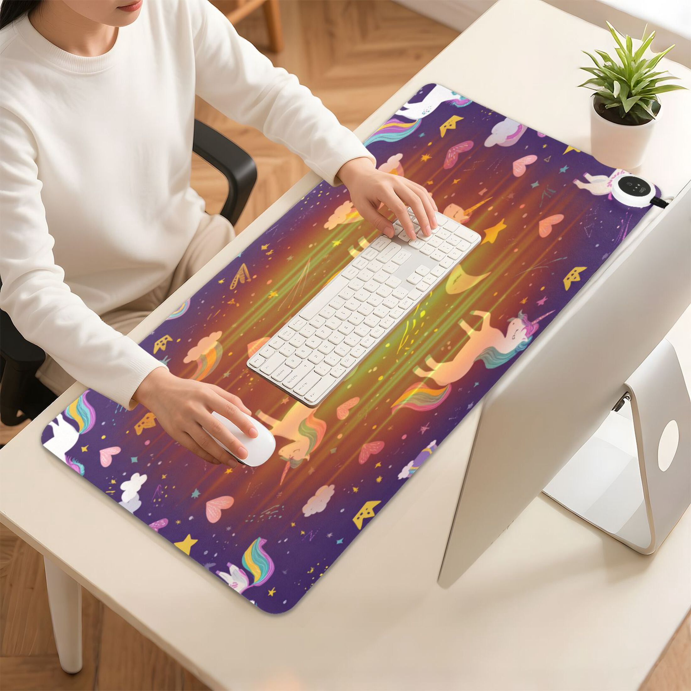 Large Heated Desk Mat Mouse Pad 31.5"x13"PU Leather Graphene Heating Desk Warmer with 3 Temperature Settings 110V US Plug Non-Slip Warm Pad for Home, Office, and Gaming Dark Purple Unicorn Print