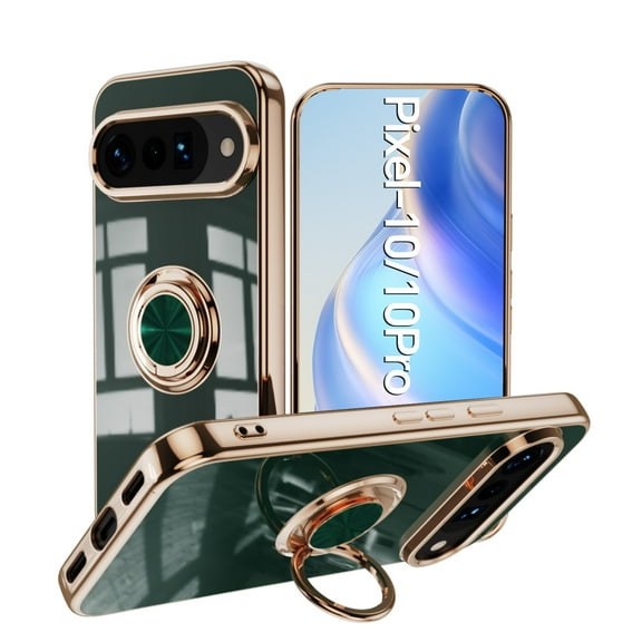 Case for Google Pixel 10 /10 Pro Case with Ring Stand [360° Rotatable Ring Holder Magnetic Kickstand][Support Car Mount] Plating Rose Gold Edge Soft Flexible TPU Luxury Phone Case, Darkgreen