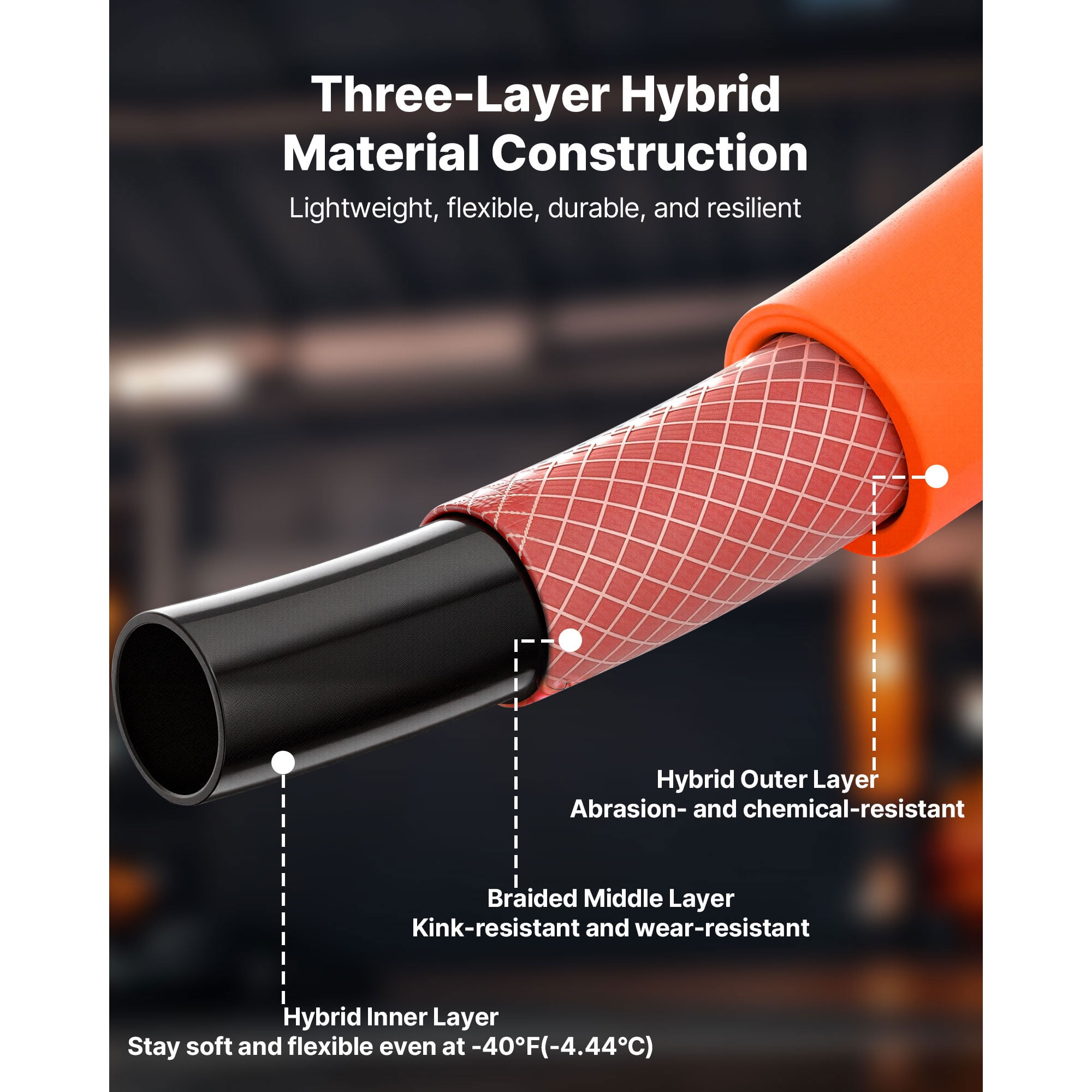 KFFKFF 1/4" x 250ft Hybrid Air Hose, Durable and Flexible Pneumatic Hose, Lightweight and Kink-Resistant Design for Automotive, Home, and Construction Use, 300 PSI, All-Weather Performance, Orange