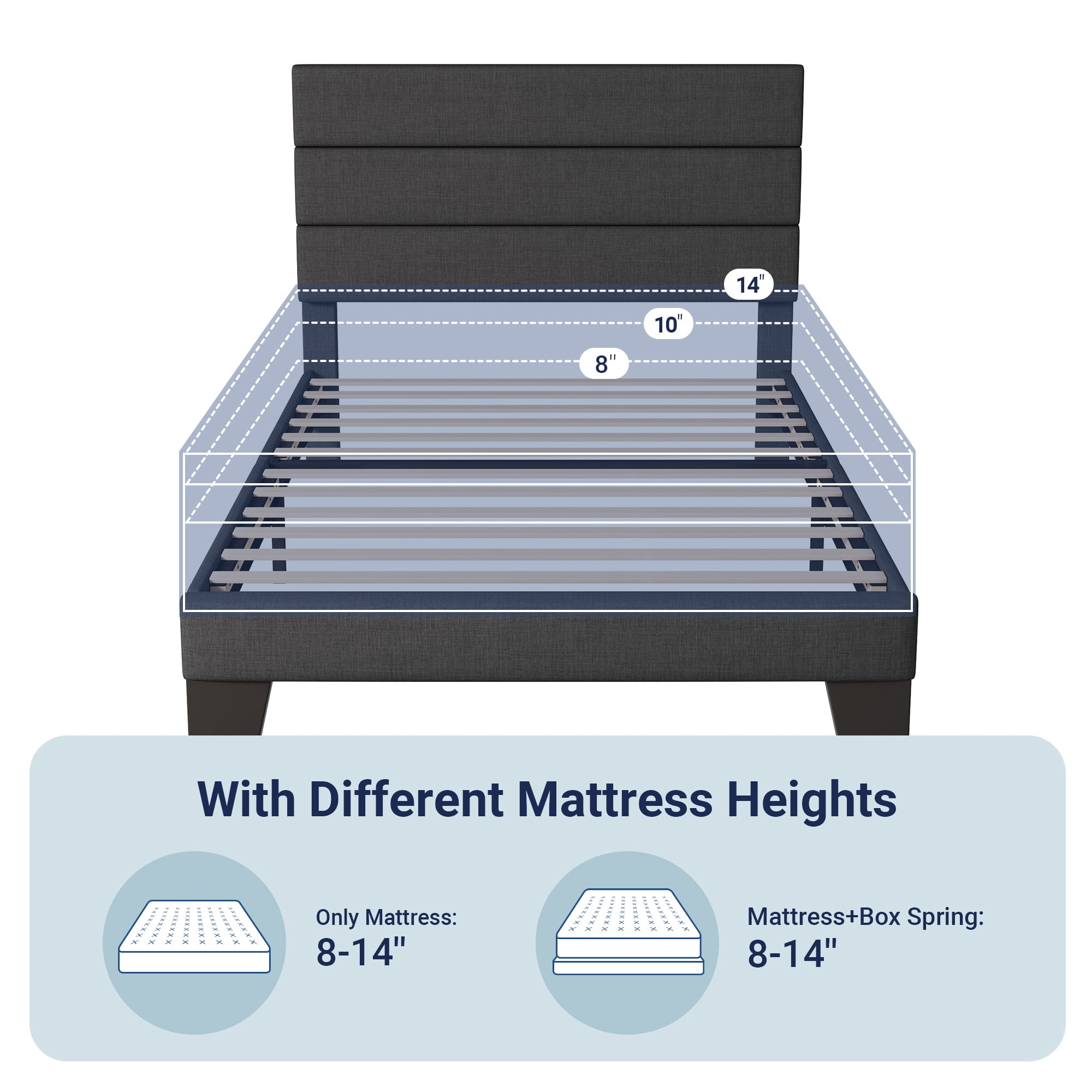 Allewie Twin Size Platform Bed Frame with Fabric Upholstered Headboard, No Box Spring Needed, Dark Grey