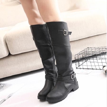 

Duretiony Cowgirl Knee-High Riding Boots Women PU Leather Low Heel Warm Coldproof Booties New