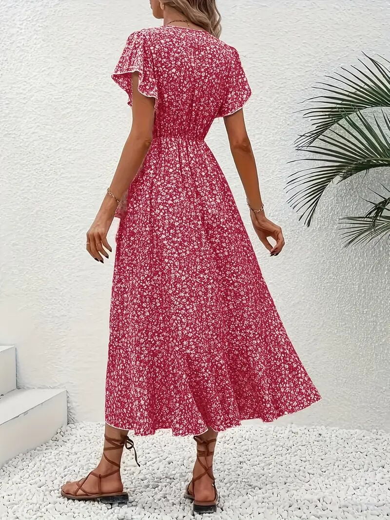 Summer Floral Boho Dress - Short Sleeve Ruffle Flowy Maxi Dresses Red / L Summer Floral Boho Dress - Short Sleeve Ruffle Flowy Maxi Dresses Red / L