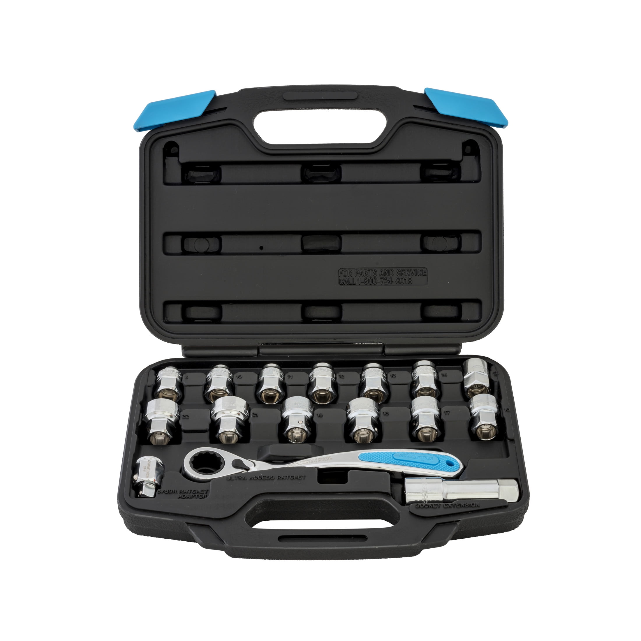 CHANNELLOCK Pass-Thru UNI-FIT Universal Socket Set, Ultra Access Fits 42 Drive Sizes, Full-Polish Chrome, 16 pieces (39100)