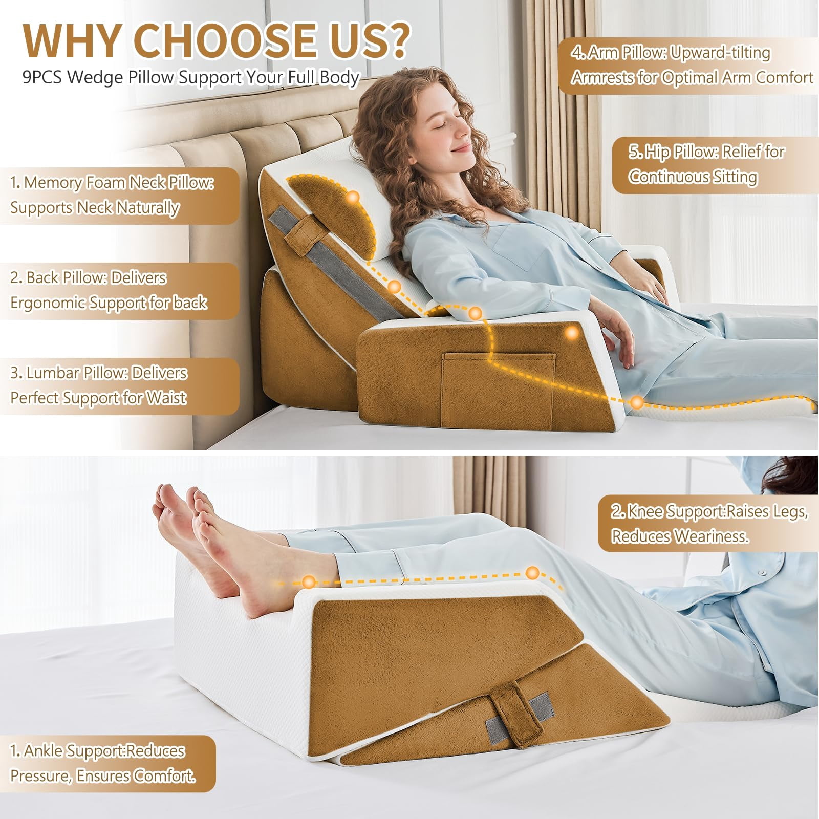 9pcs Bed Wedge Pillow Set For Sleeping  And Leg Foam Body Triangle Adjustable Support - Acid Reflux Pillows Brown