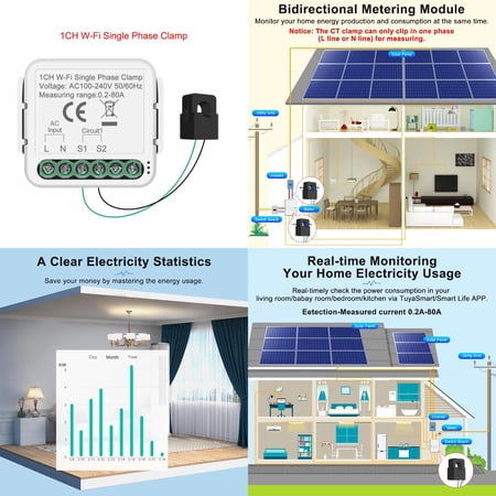 XULHAN Smart Real-Time Bidirectional Solar Energy Monitor with WiFi Power Meter Clamp for Tracking Usage and Net Metering Efficiently Monitor Your Solar Energy Usage and Net Metering wit