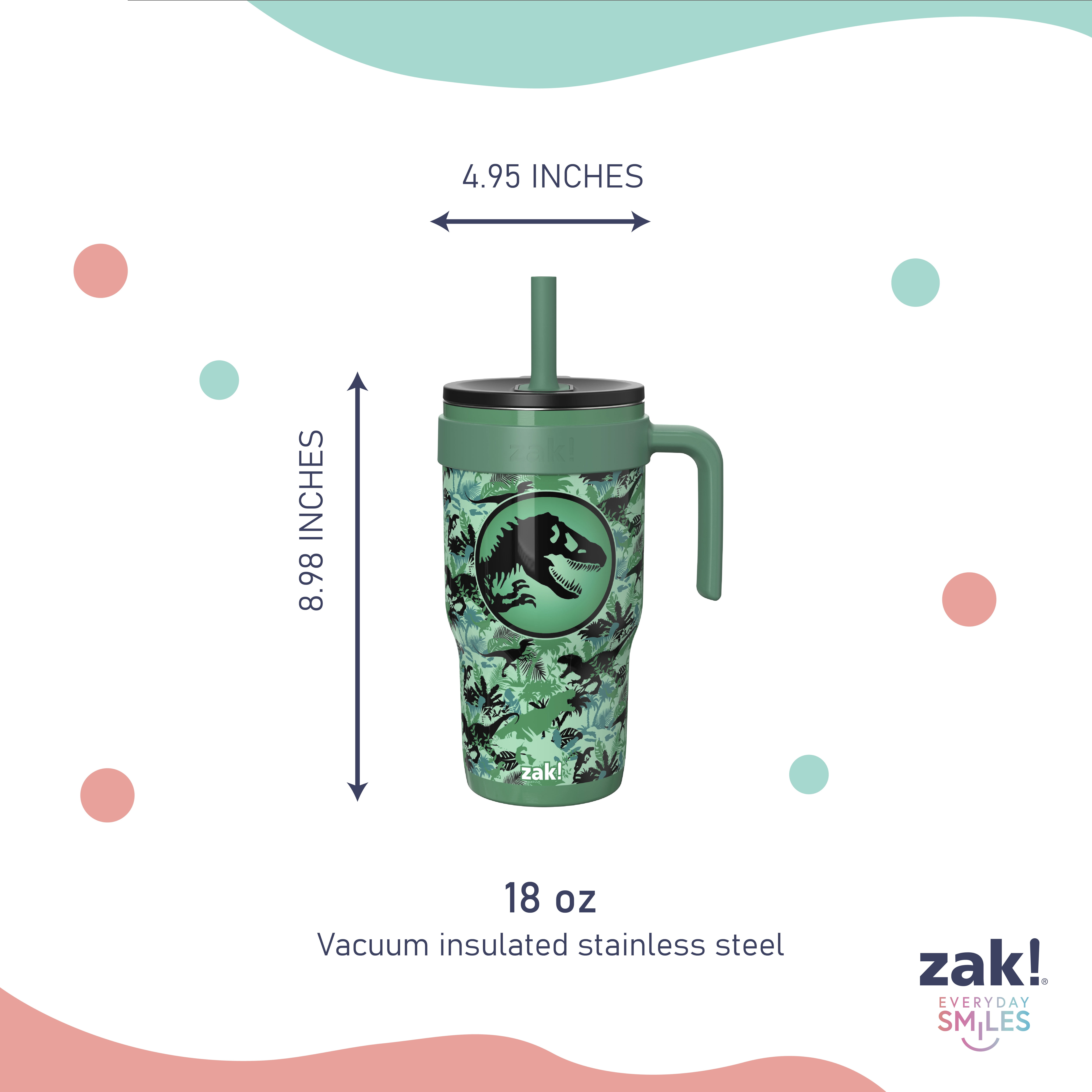 Zak Designs 18oz Jurassic Park Kids Straw Handle Cruiser Tumbler, Stainless Steel, Leak-Proof Valve, Camo