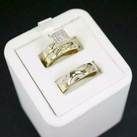 Silver Shop Trio His Her 2 CT Cubic Zirconia Wedding Ring Set 14K Yellow Gold Finish