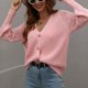 thumbnail image 2 of Cárdigan de punto para mujer, suéter con cuello en V, manga larga, botones, color liso, prendas de vestir exteriores sueltas, Tops para otoño invierno primavera rosa M, 2 of 7
