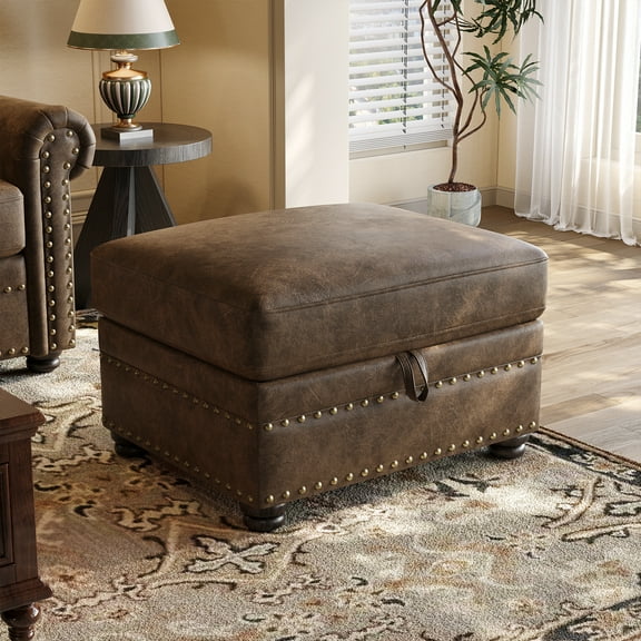 Faux Leather Ottoman with Storage, Nailhead Footrest Stool for Living Room, Brown