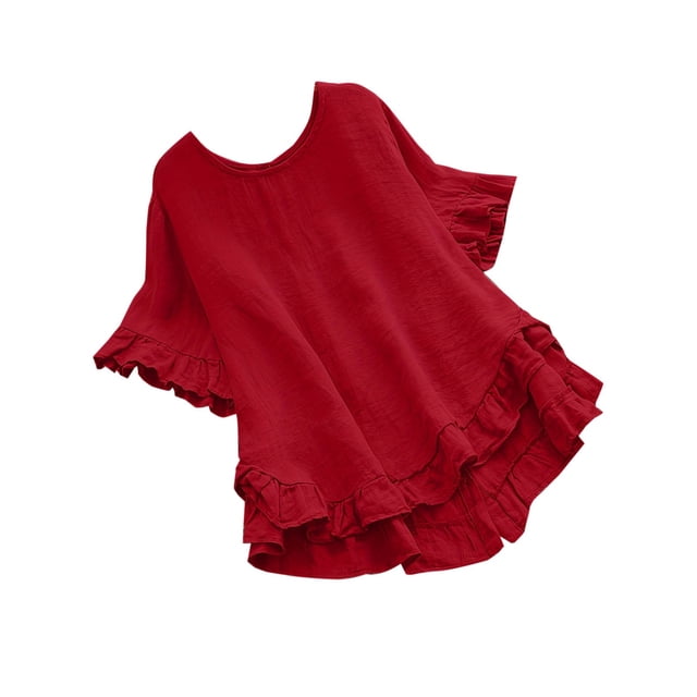 Timegard Womens Tops Summer Casual Loose Scoop Neck Short Sleeve Ruffle Lightweight Tee Top Blouse