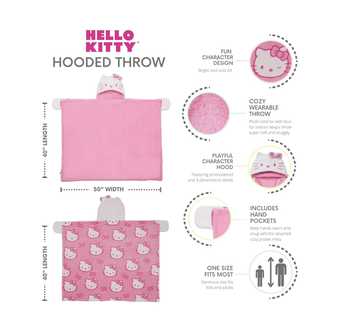 Kids’ Plush Hooded Throw with Faux Fur Lining, 40" x 50" (Hello Kitty)