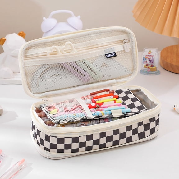 Expandable Pencil Case with Checkerboard Pattern, Double Zipper Large Capacity Stationery Organizer, Composite Fabric Retractable Pen Pouch for Office & Travel, 1 Pack (8.66" x 4.33" x 2.56") Black