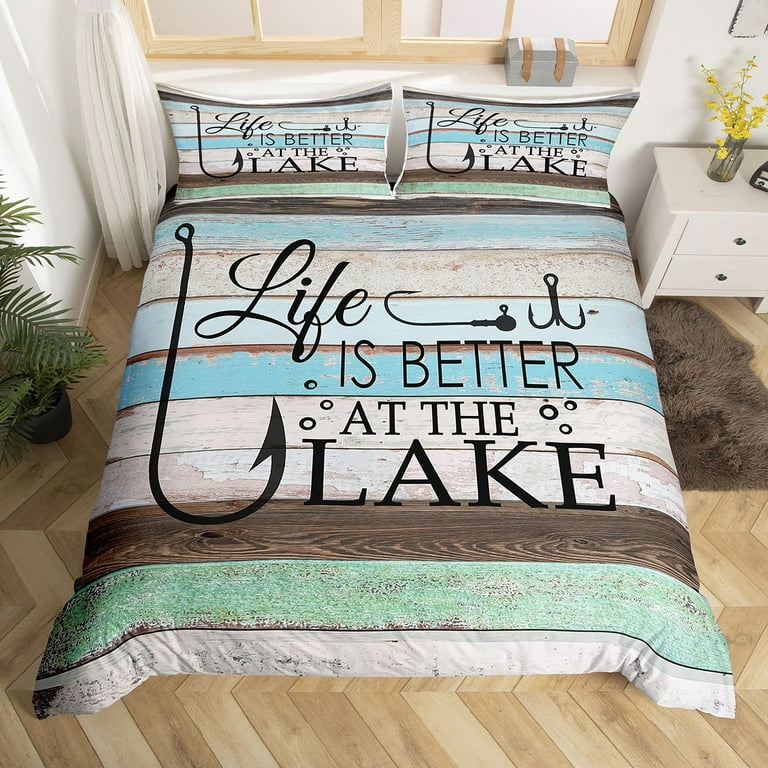 Lake Life Bedding Set Fish Fishhook Comforter Cover for Adults Women,Fishing  Hook Duvet Cover Queen The Lake House Gifts,Vintage Rustic Cabin Lodge  Wooden Plank Lake House Decor for The Home 