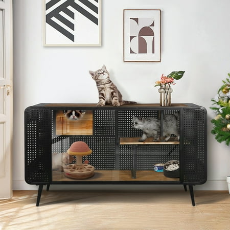 Izzovium 55.12" Spacious Cat House with Tempered Glass, Fir Wood & Iron Frame, Black+Brown, for Living Room, Hallway, Study, 110 lbs Weight Capacity