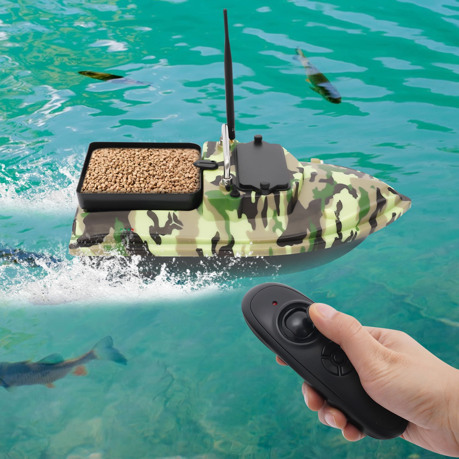 500m Remote Camouflage Bait Boat – Dual 5200mAh Batteries, 2-3h Endurance, Night Fishing Lights – for Lakes & Seas