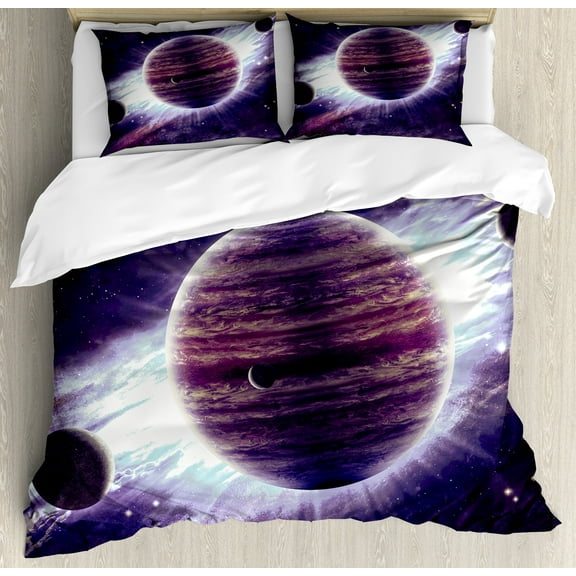 Galaxy Duvet Cover Set, Outer Space Theme Planets Saturn Mars Neptune Science Fiction Solar Scene Artprint, Decorative 3 Piece Bedding Set with 2 Pillow Shams, King Size, Mauve Purple, by Ambesonne