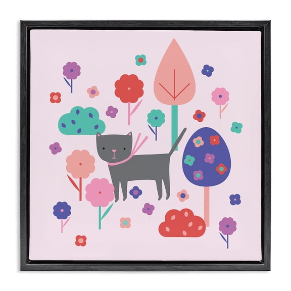 Stupell Industries Modern Pastel Whimsical Cat & Trees Black Floating Frame Canvas Art, 18 x 18, by Sazerelli Designs