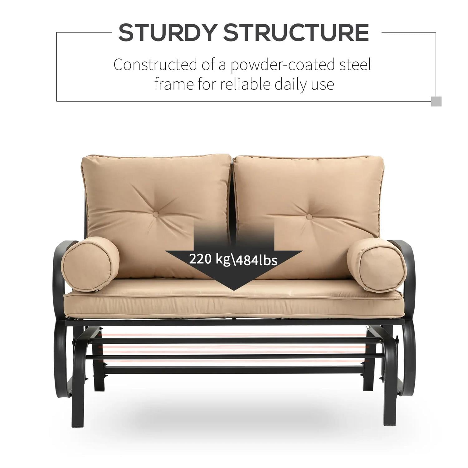 Demi Bonn Outdoor Glider Chairs Swing Glider Rocking Chair, Double Patio Bench, 2 Person Loveseat with Steel Frame, Cushions, Pillow Armrests, Beige