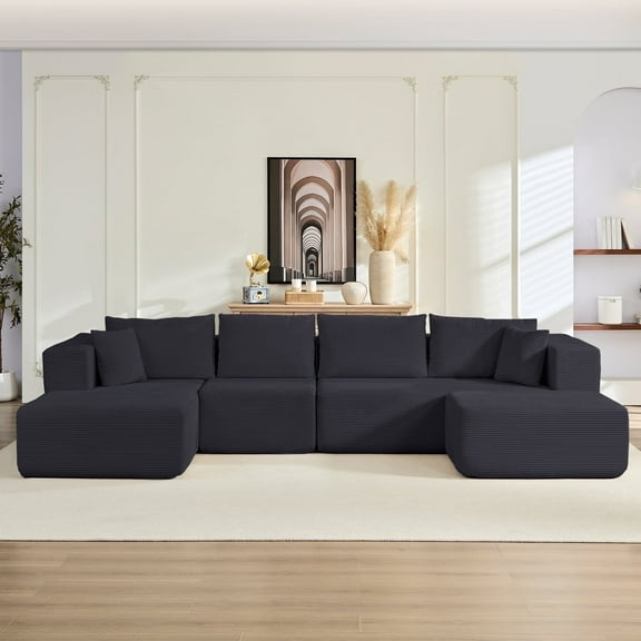 Mjkone 135'' Oversized Modular Sectional Sofa, Corduroy Cloud Sectional Couch with Ottoman for Living Room, No Assembly Required,Black