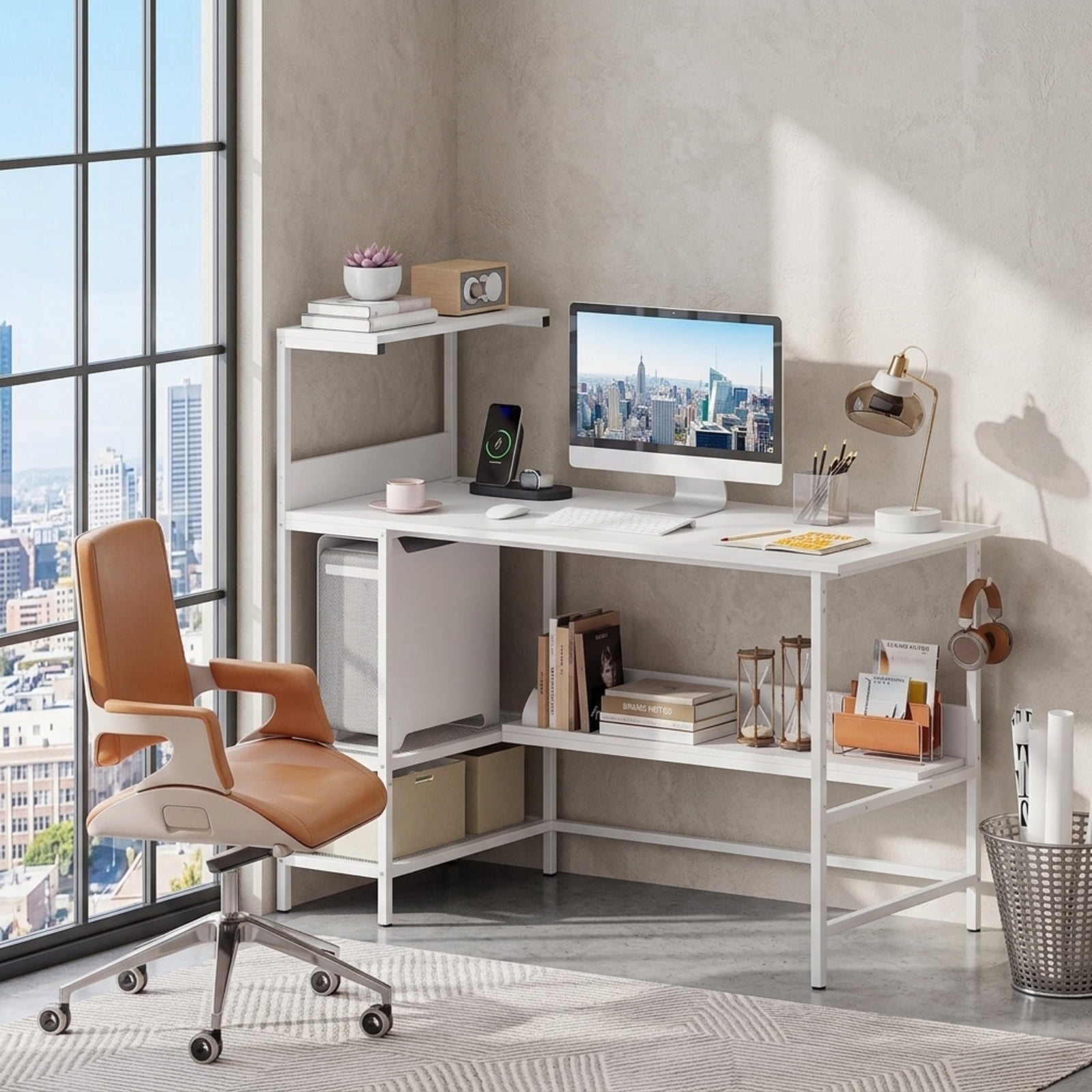 Furnibear 48 Inch Computer Desk Home Office Desk with Power Outlets and Storage Shelves for Study Workspace, White