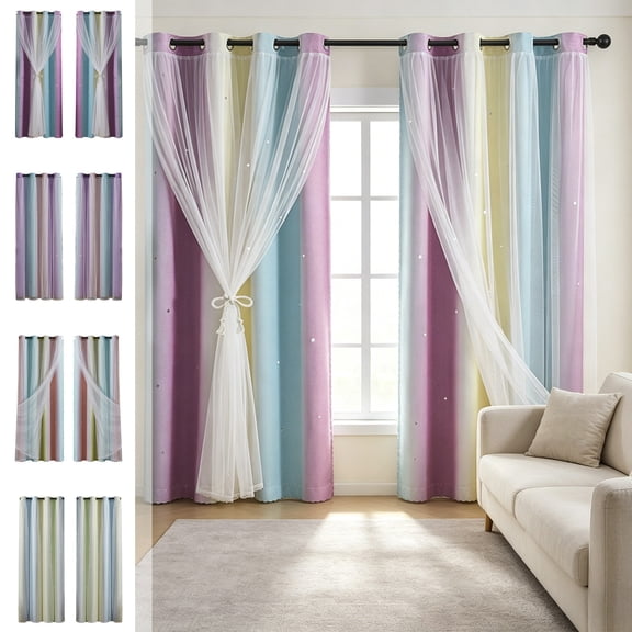 Glow in the Dark Star Cutout Curtain Set, Double Layer Sheer Lace Layer and Gradient Print Blackout Drapes, Thermal Insulated Window Panel, 40.16" x 51.97", AKLJWH