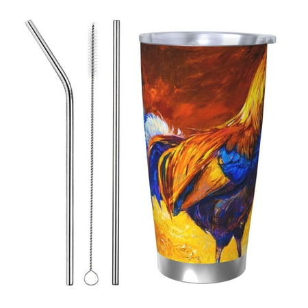 

KLL Colorful Rooster Print 40oz Stainless Steel Insulated Car Cup with Spillproof Lid - Keep Your Drink Hot or Cold on the Go-Straw Three-piece Set