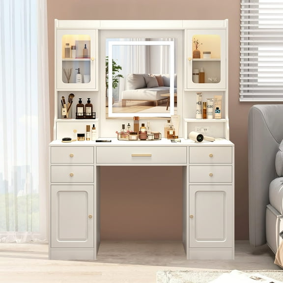 Aukfa Vanity Table Set Makeup Vanity Dressing Table with Mirror, 6 Drawers & Power Outlet, White