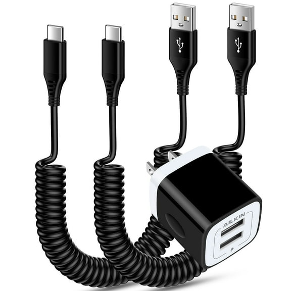 Charging Block Type C,AILKIN Dual USB Wall Charger Block Adapter with 2Pack High Speed Coiled Type C Cable 6ft Plug Brick 5V/2.1A Android Phone Charger Block Type C Charger Fast Charging