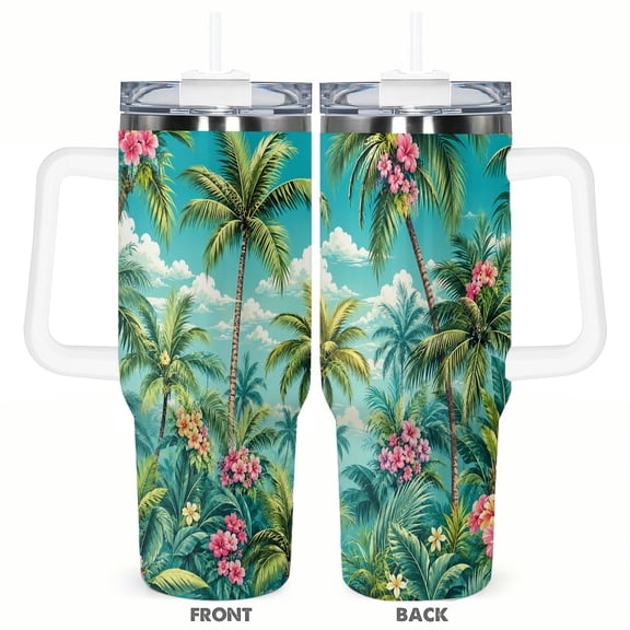 40oz Tropical Palm Tree Travel Tumbler with Handle and Straw Lid Hibiscus Floral Insulated Car Coffee Cup Summer Gift for Women