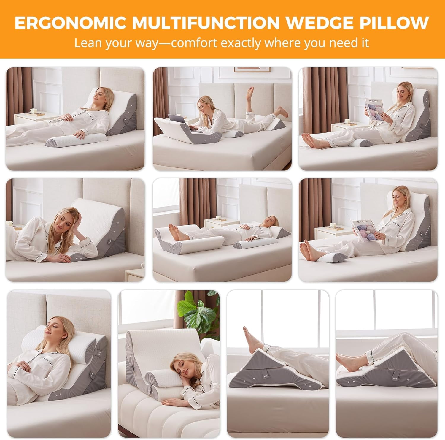 3PC Wedge Pillow Set for Post Surgery, Adjustable Bed Sitting Pillow for Acid Reflux, Headboard Wedge for Sleeping & Snoring, Orthopedic Back Support Pillow, White