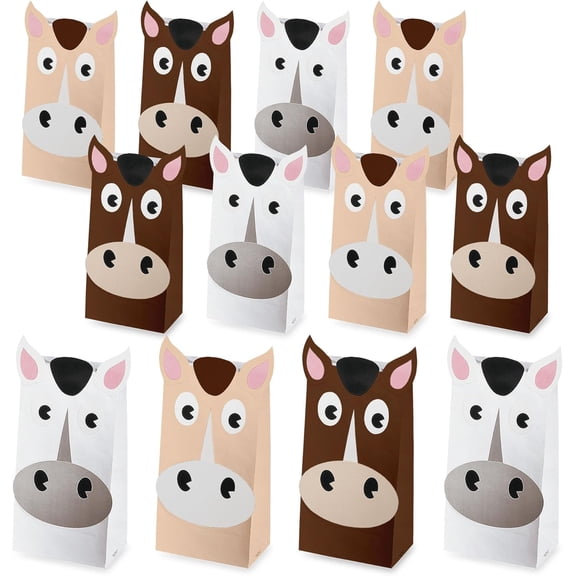 HOME & HOOPLA Horse Party Favor Treat Bags, 5 Inch x 3 1/4 Inch x 10 Inch, 12 Count Assorted Paper Bags