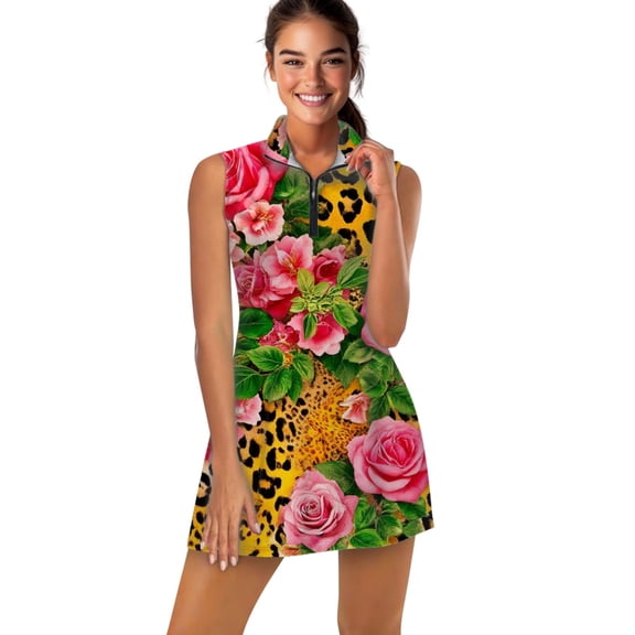 Pink roses leopard print fabric Sports Dresses Women Tennis Dress Outdoor Badminton Golf Quick-Drying And Breathable Sports Dress