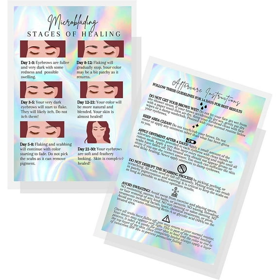 Boutique Marketing LLC Microblading Stages of Healing & Aftercare Postcard  30 Pack  4x6 inch Postcard Size  Non-Reflective Matte Holographic Look Design, MICRO-P2-H-468