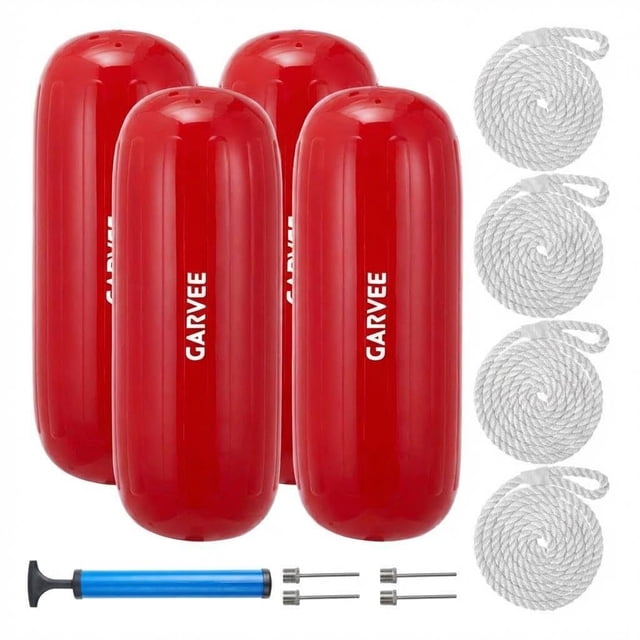 Heavy Duty 10x28 Inch Inflatable Boat guitar amplifiers 4 Pack – Ribbed Center Hole PVC Dock Bumpers, Marine guitar amplifier Set with Ropes & Pump, UV Resistant, for Pontoon