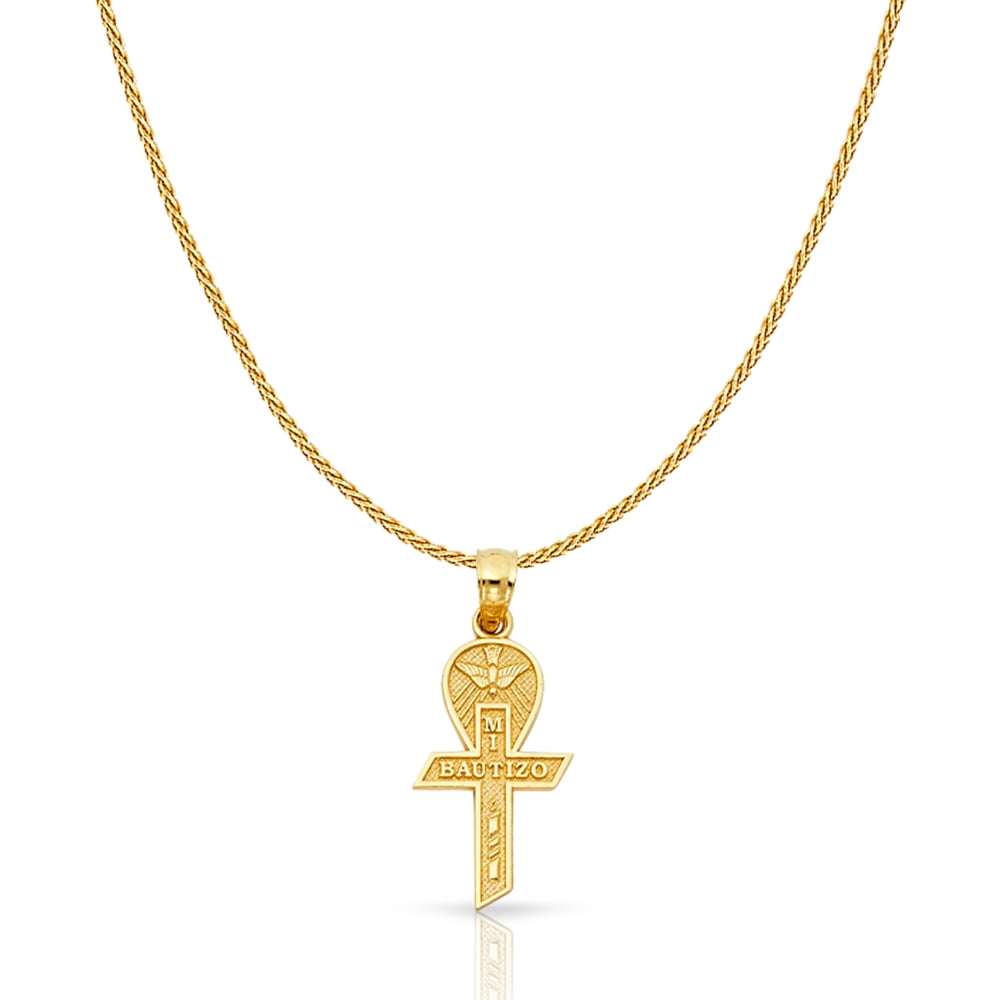 14K Yellow Gold Crucifix Charm Pendant with 0.9mm Wheat Chain Necklace