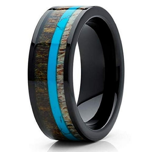 Silly Kings Deer Antler 8mm Wedding Band - Black Ring - Turquoise Wedding Ring - Antler Ring (9.5)
