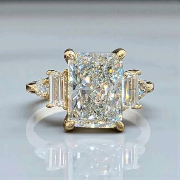 Jewelerix Radiant Cut 3-Stone Engagement Ring Baguette & Pear Side Stones 14K Vermeil Yellow Gold Ring Bridal Promise Ring for Women Anniversary Gift