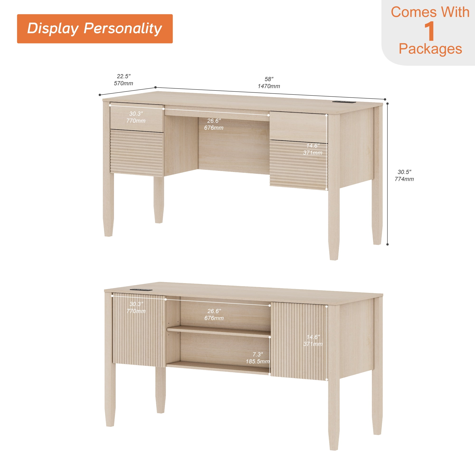 58Inch Fluted Executive Desk with Power Outlet and Doors, Modern Computer Writing Desks with Rear Storage Compartment Design, Home Office Desk with Drawers For Work And Study