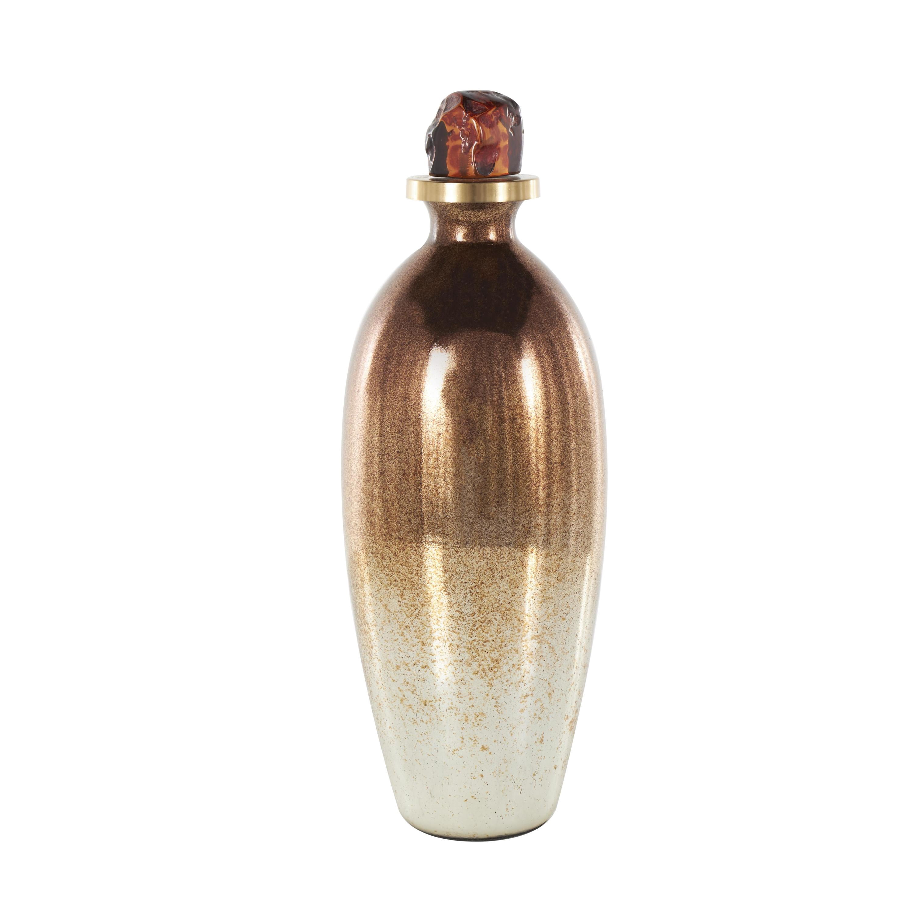 DecMode 6" x 17" Copper Glass Speckled Ombre Decorative Jars with Textured Top Knob and Gold and Beige Accents, 1-Piece