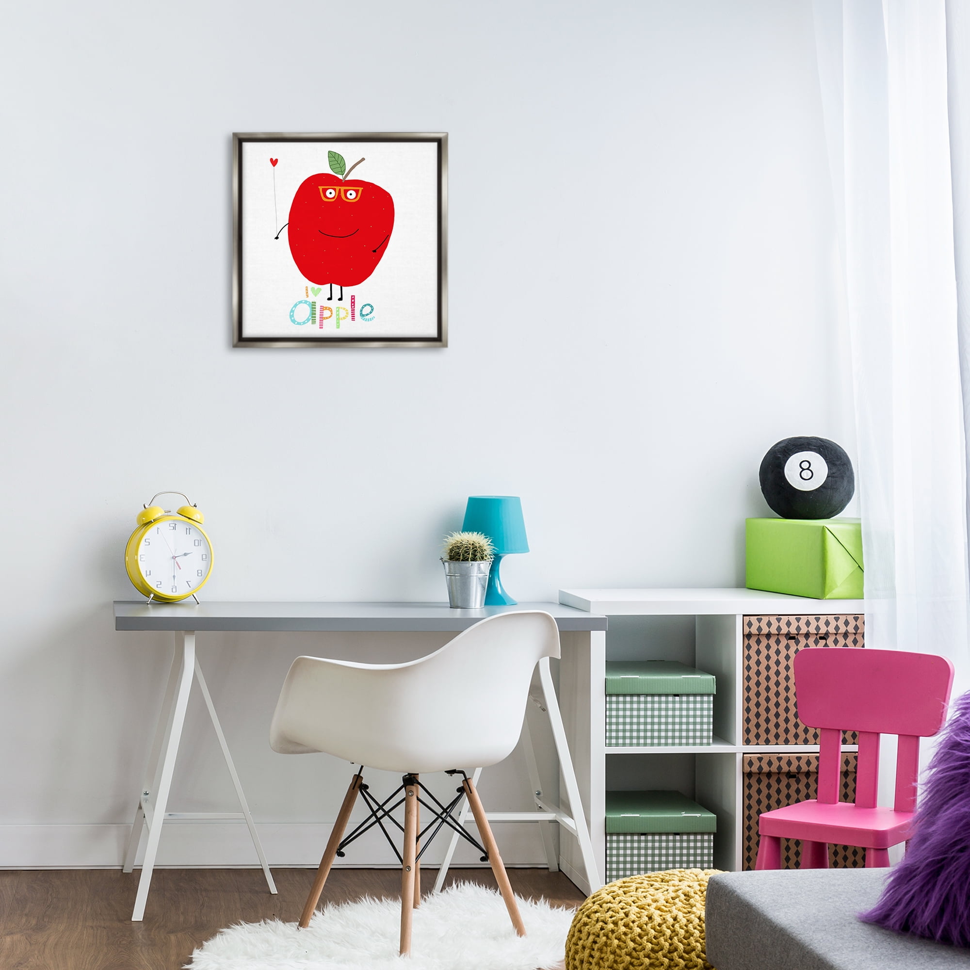 Stupell Industries Fun Smiling Apple Food & Beverage Painting Gray Floater Framed Canvas Art Print Wall Art, 18 x 18