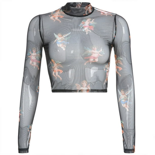 Qarigey Camiseta corta de malla con estampado de Ángel para mujer, camiseta transparente de manga larga con perspectiva, perspectiva Prendas para la parte del cuerpo negro S