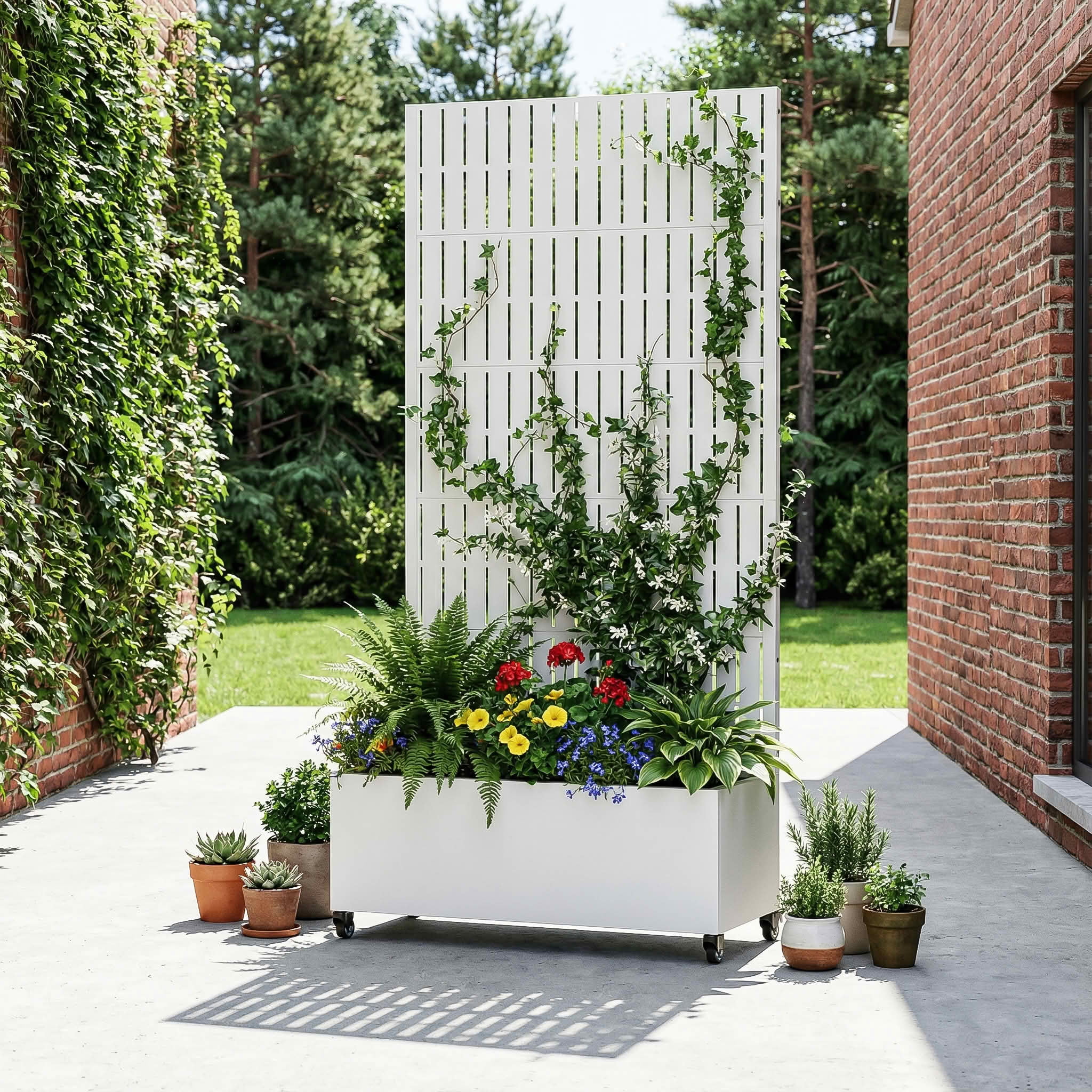 MAYEERTY 72X35" Metal Outdoor White Privacy Screen with Planter Box for Backyard & Garden, 5 Piece Set