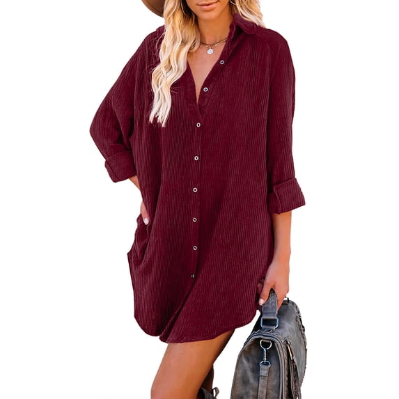 Asyoly Womens Dresses Solid Button Down Oversized Corduroy Shirt Dress Casual Long Sleeve Tunic Dresses with Pockets