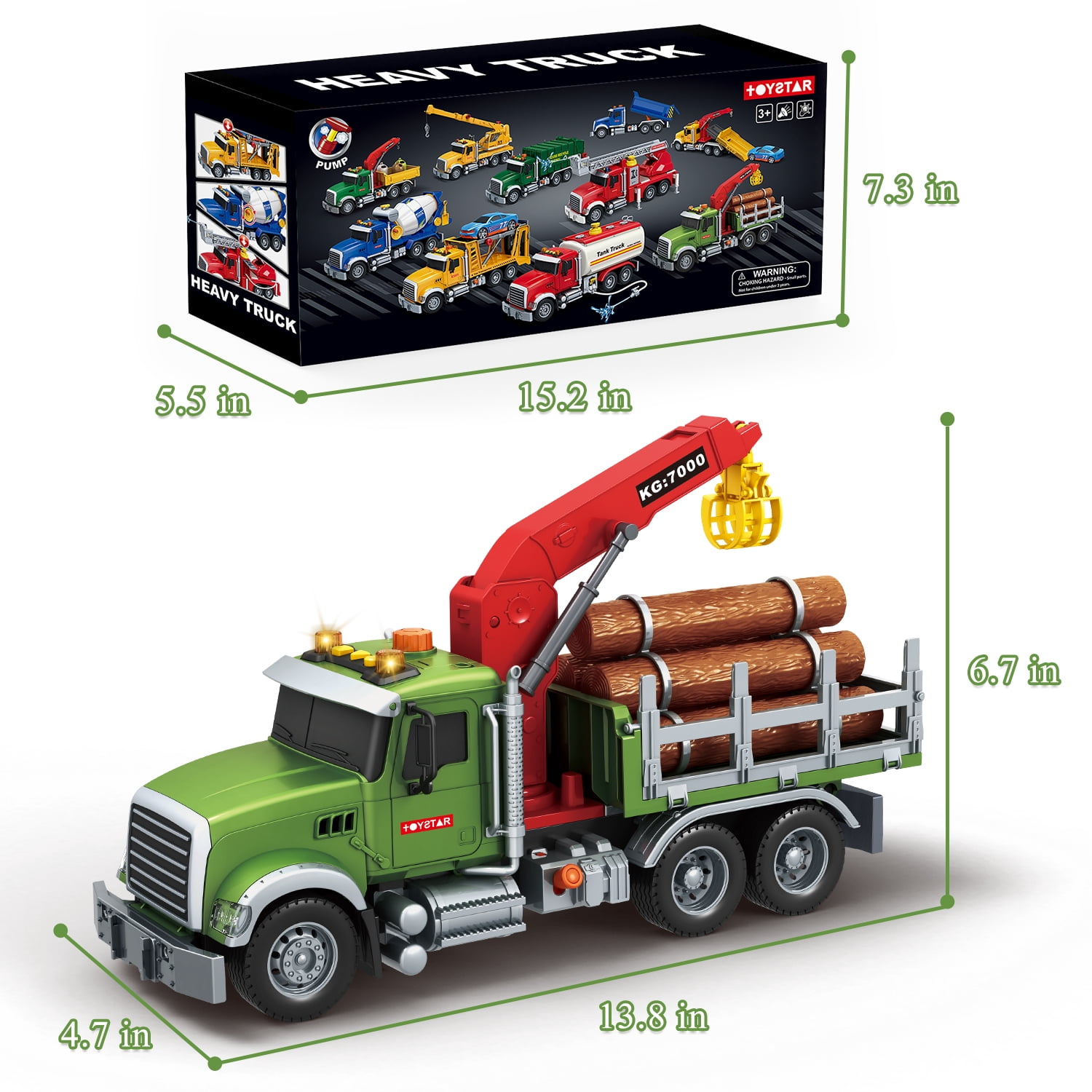 Kids Timber Truck Toy with Loading Crane, 15" Large Friction Powered Construction Truck with Lights and Sounds, Play Vehicle Toys for Kids
