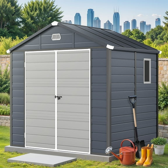 ModFusion 7.9 x 6.2 ft Storage Shed with Window, Reinforced Aluminum Frame, Double Lockable Door, Air Vent, Resin Building, Dark Gray